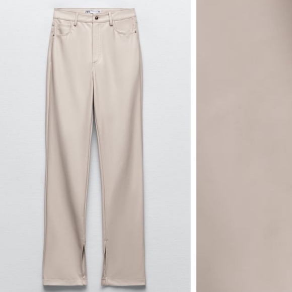 Bloggers Fave! NWOT Zara Cream Faux Leather Slim Flare Trousers With Slits - Picture 8 of 10